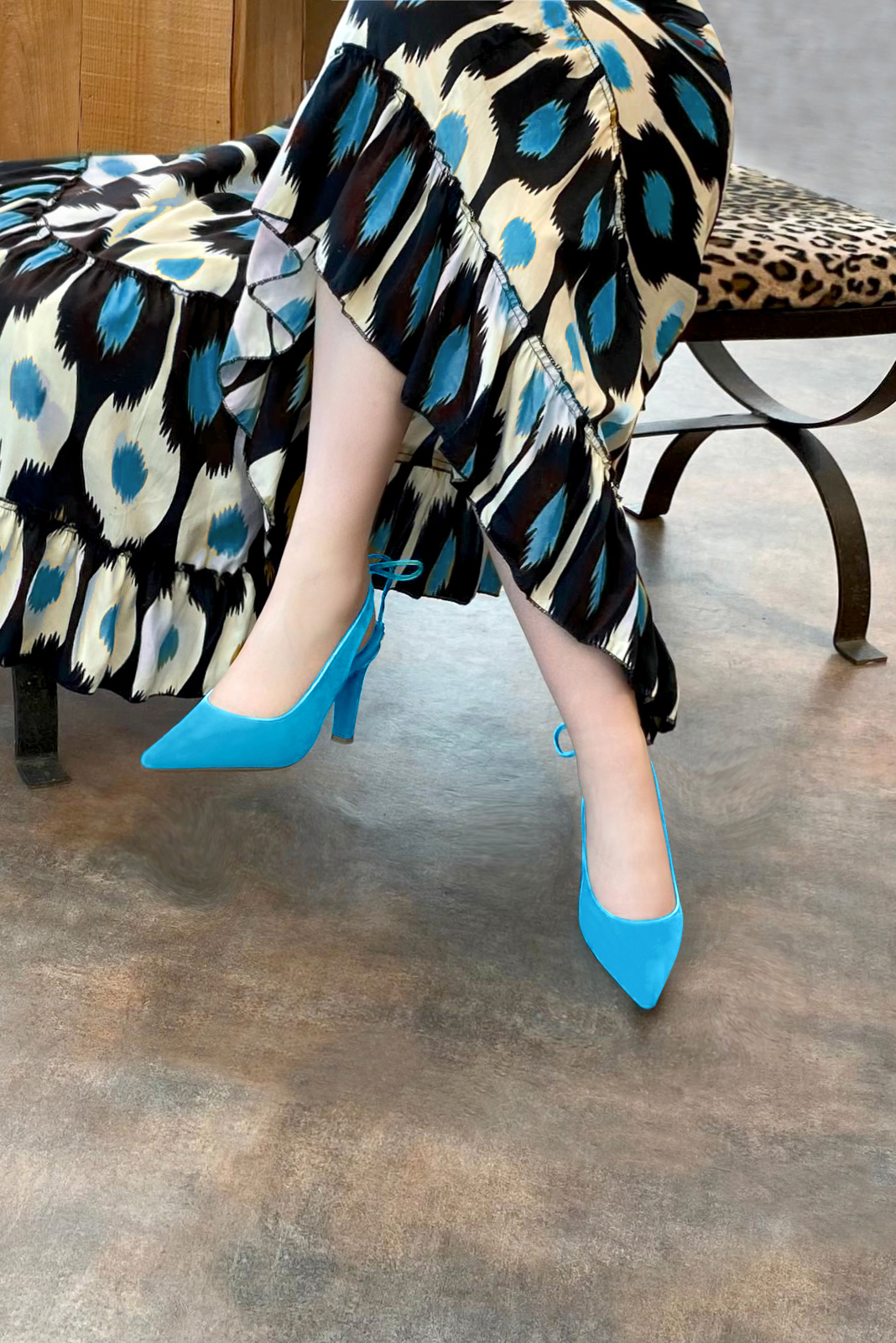 Turquoise blue women's slingback shoes. Pointed toe. High slim heel. Worn view - Florence KOOIJMAN